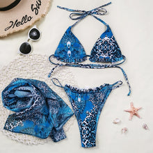 Load image into Gallery viewer, Sexy pink print swimsuit 3pieces mesh bikini set Triangle micro bikini String halter swimwear women Low waist bathing suit New