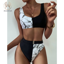 Load image into Gallery viewer, Peachtan Marble print bikinis 2020 mujer Sexy patchwork swimsuit women High waist swimwear female Sport bathing suit Biquini New
