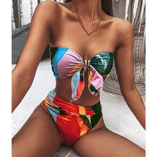 Load image into Gallery viewer, Mossha Brazilian high waist bikini 2021 Bandeau knot swimsuit Colorblock print swimwear women Sexy push bathing suit Beachwear
