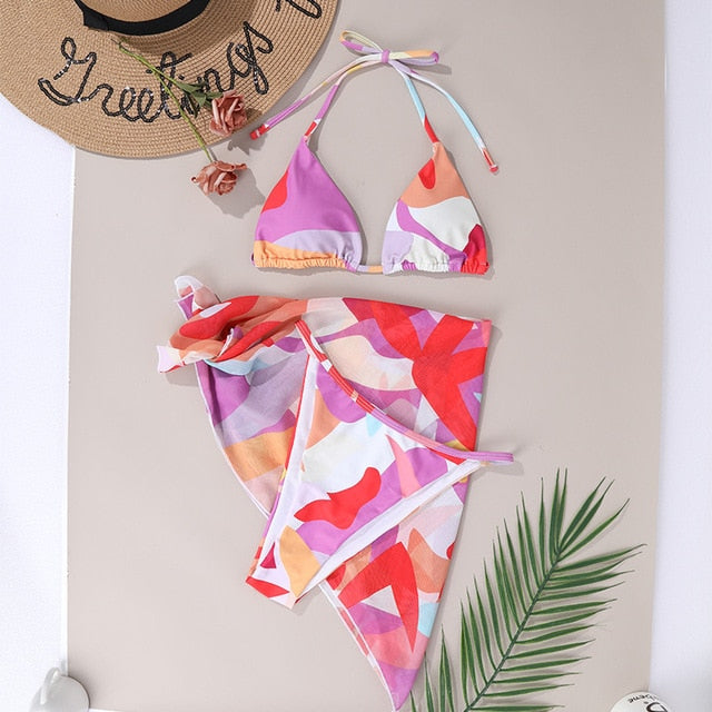 Sexy pink print swimsuit 3pieces mesh bikini set Triangle micro bikini String halter swimwear women Low waist bathing suit New
